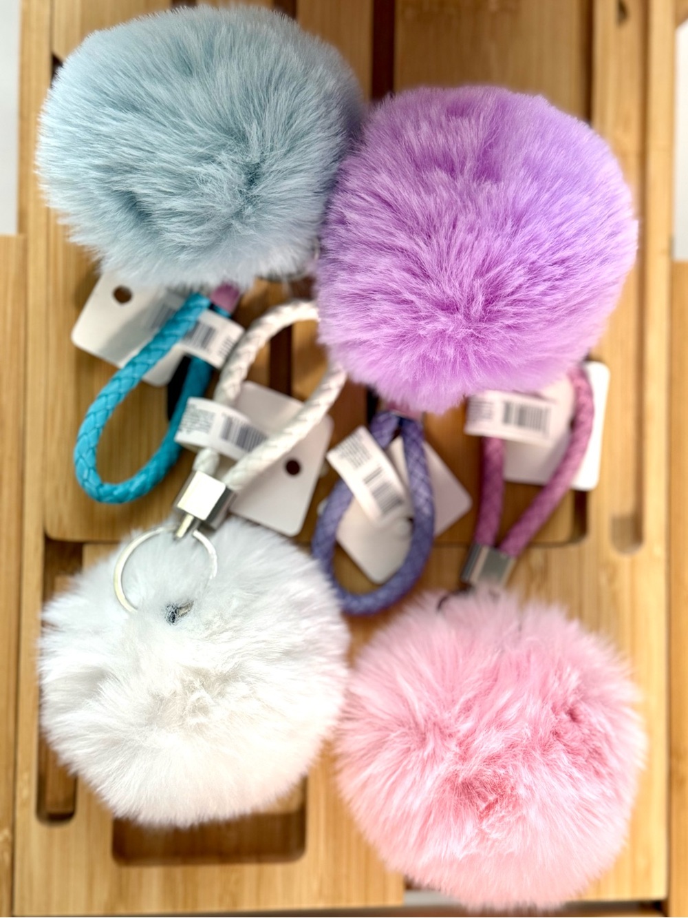 Pastel Faux Fur Pom Pom with Braided Wristlet Strap - Picture 2 of 4